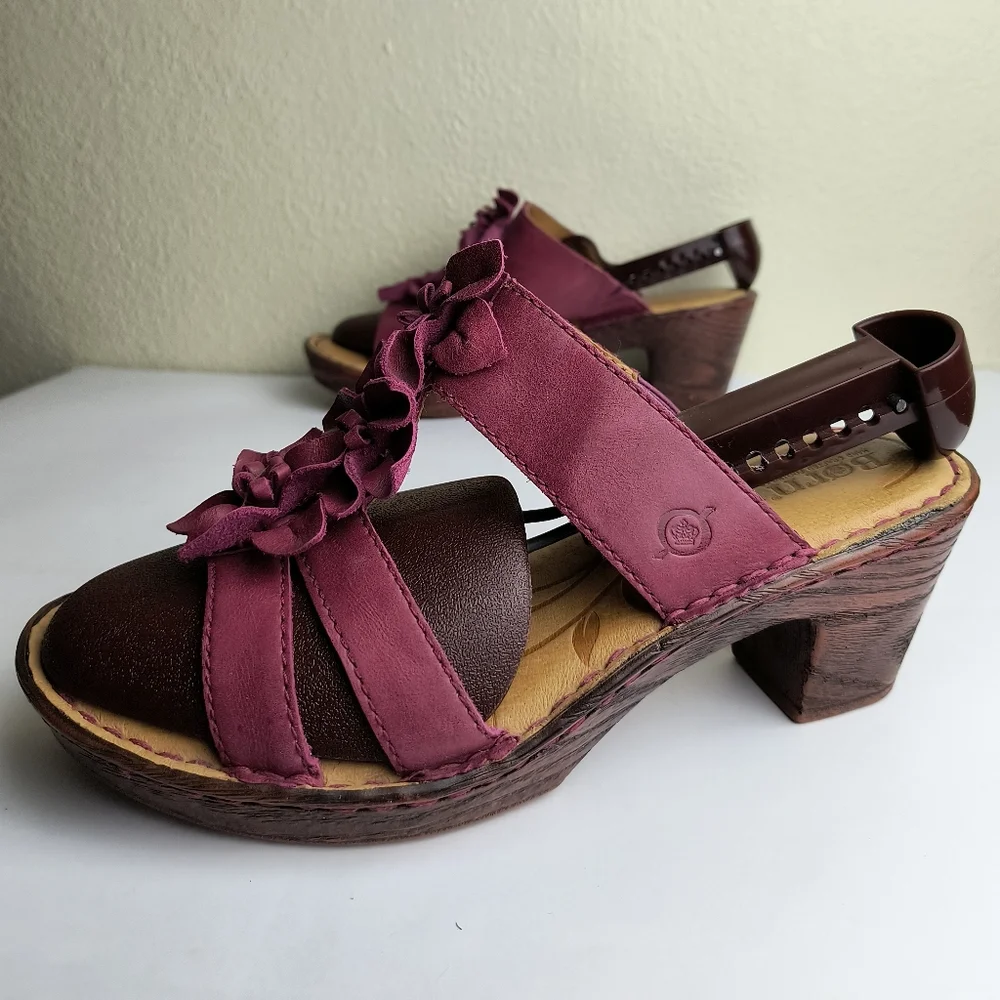 Born Zenia Electro Size 9 Purple and Brown Wedge Heel Sandals  Bow Detail
